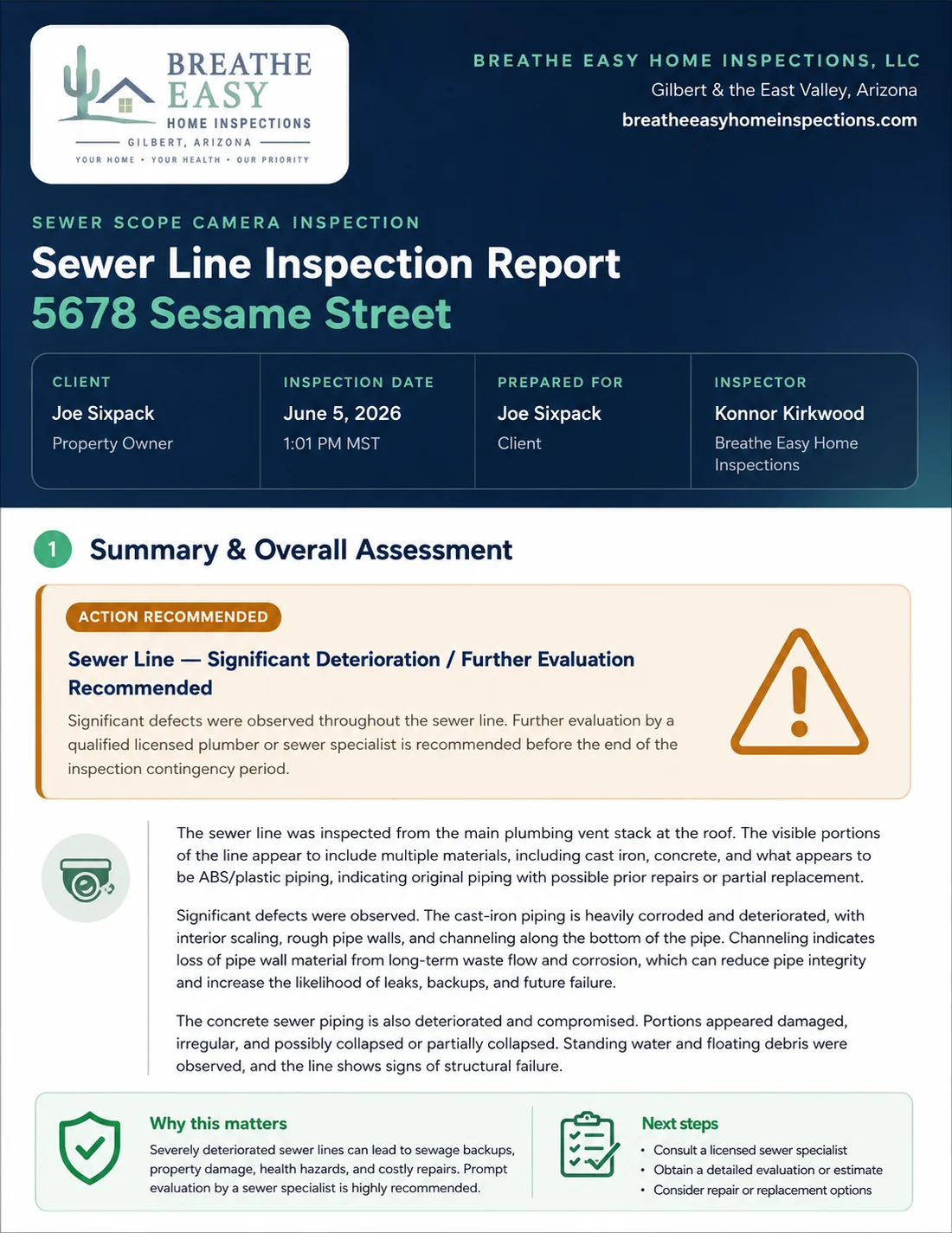 Co-branded sewer line inspection report
